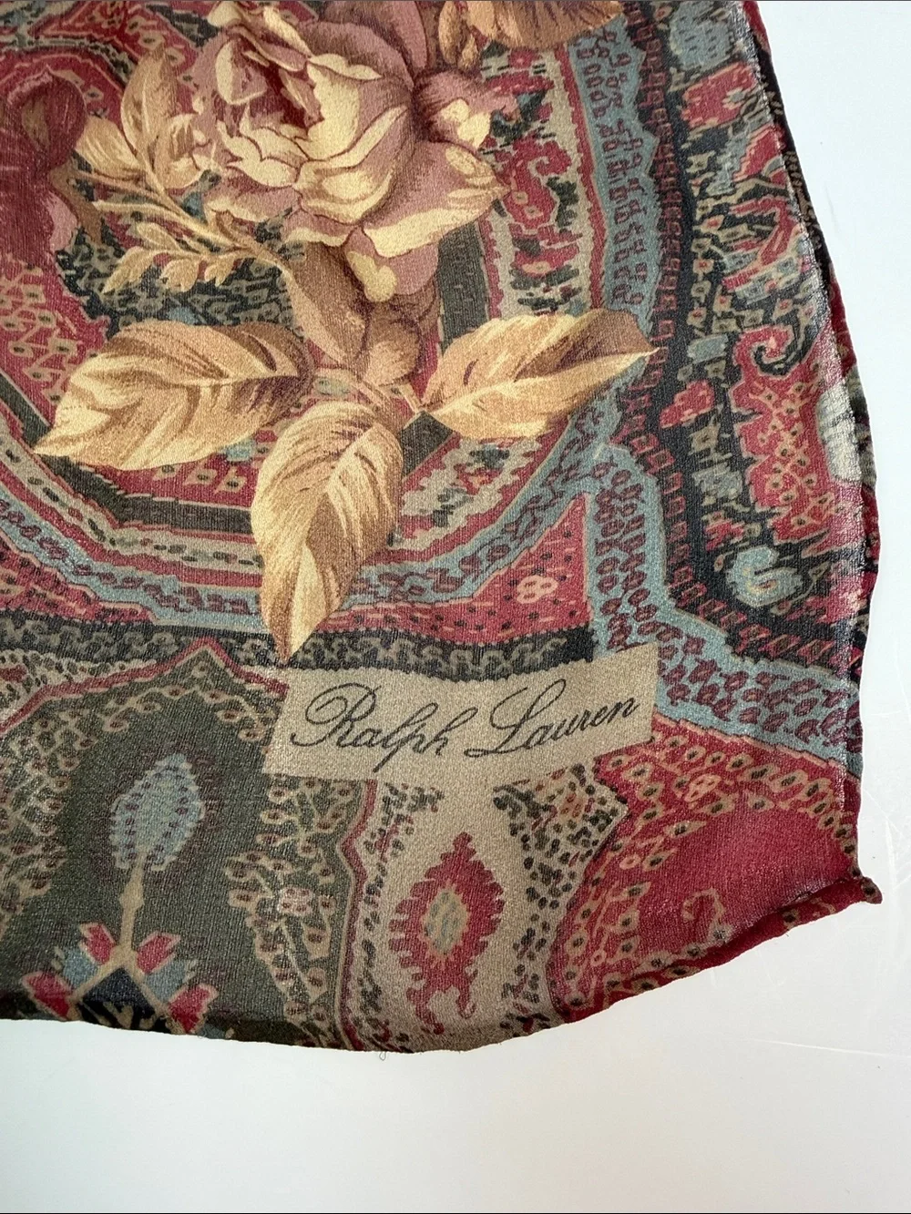 Ralph Lauren 100% Silk Scarf Floral Paisley Burgundy Long Oblong Vintage Style